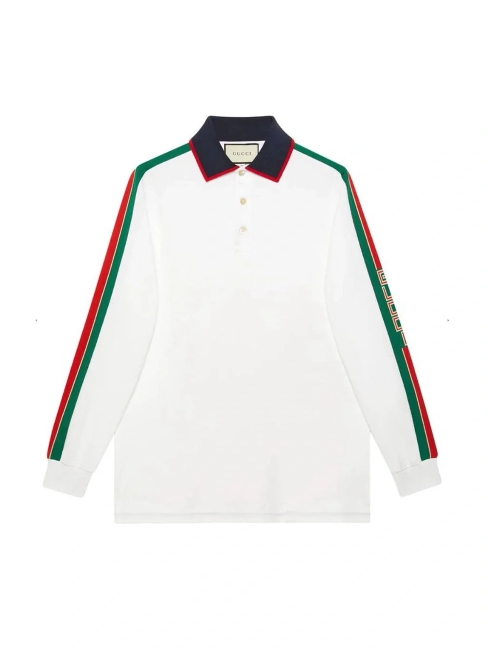 Gucci White Long-Sleeve Polo with Green & Red Shoulder Stripes